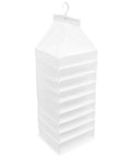 Nine Compartment Hanging Closet Organizer With Heavy Duty Hook And Washable PVC Fabric For Super Handy Clothes Storage Multi Layer Wardrobe Bag To Keep Your Dresser Clutter Free And Hassle Free, white color, vertical design.