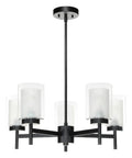 Matte Black Five Light Chandelier With Dual Glass Shades, Adjustable Hanging Pendant Light for Dining Room and Kitchen Island
