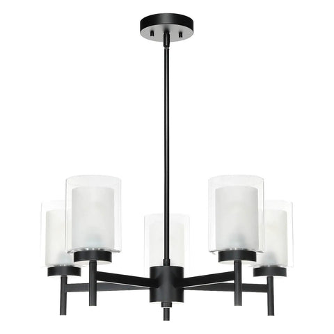 Matte Black Five Light Chandelier With Dual Glass Shades, Adjustable Hanging Pendant Light for Dining Room and Kitchen Island