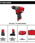 Compact 12V Cordless Drill Driver Kit With Brushless Motor And Heavy Grip Chuck Compatible With Milwaukee M12 Fuel Models, showing drill and battery components.