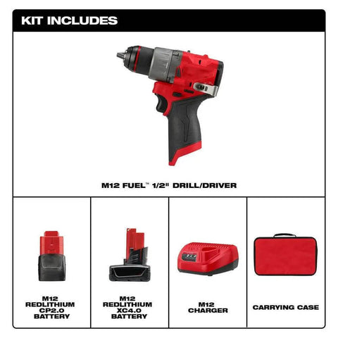 Compact 12V Cordless Drill Driver Kit With Brushless Motor And Heavy Grip Chuck Compatible With Milwaukee M12 Fuel Models, showing drill and battery components.
