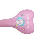 Top view of Cute Rabbit Design Kids Bike Seat with foam padding for 12 to 20 inches bicycles, pink with space theme.