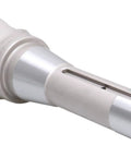 Indexable end mill, side view; 2in diameter, 6-1/8in overall length, R8 shank, five APKT1604 carbide inserts.