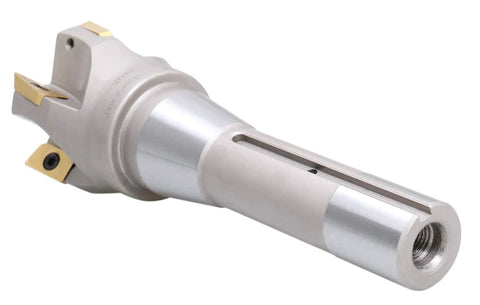 Indexable end mill, side view; 2in diameter, 6-1/8in overall length, R8 shank, five APKT1604 carbide inserts.