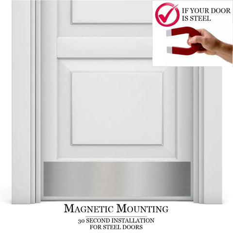 Door Kick Plate With Magnetic Mount, Anodized Aluminum In Satin Nickel Finish, 8x34 Inches, shown on steel door