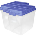 Kick Ass 32 Quart Clear Plastic Stackable Storage Bins With Blue Latching Lids, durable transparent design, ideal for organization.