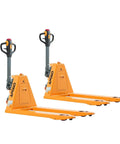 Apollo Full Electric Pallet Jack With 3300 Lbs Capacity And Forty Eight By Twenty Seven Inch Forks, orange design, side view.