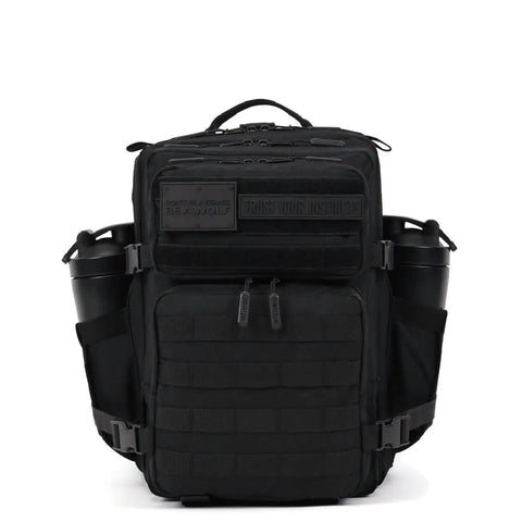 Black 25L Tactical Gym Backpack Nightshade Edition with 1000D Waterproof Oxford Fabric, MOLLE webbing, dual cup holders and laptop pocket