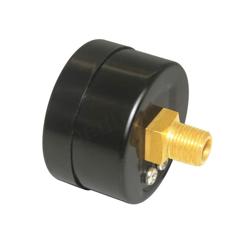 Beduan air pressure gauge side view for air compressor; black cylindrical body with brass 1/8 NPT male thread