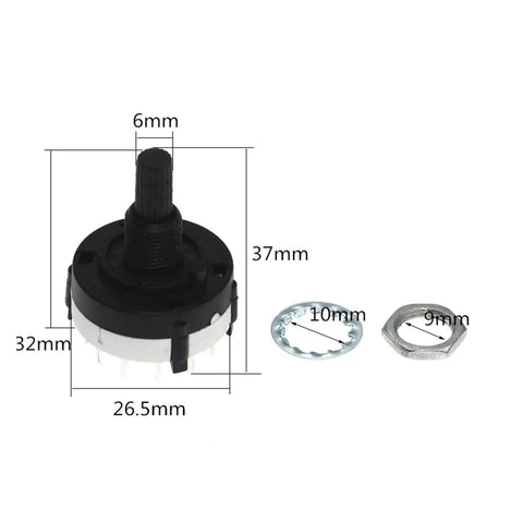 RS26 Rotary Band Switch Encoder With 4 Pole 3 Position, 2 Pole 6 Position, 1 Pole 12 Position, 21mm Handle, Plastic Case with dimensions