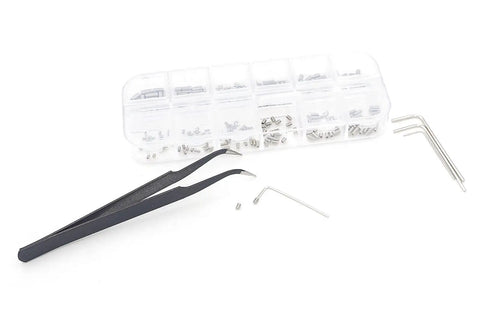 Metric Stainless Steel Internal Hex Drive Cup Point Set Screws Kit With M1.6 M2 M2.5 M3 Sizes 304 Grade Fasteners in plastic box with tweezers.