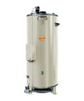 Commercial Tank Type Water Heater with Natural Gas and Built In Draft Blower SCAQMD Rule 11462 Certified 6 Inch Vent Size shown side view.