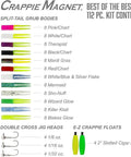 Crappie Magnet Best Of The Best Kit For Crappie Fishing With 96 Bodies, 15 Double Cross Jig Heads, And 4 EZ Floats contents list