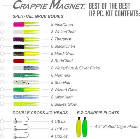Crappie Magnet Best Of The Best Kit For Crappie Fishing With 96 Bodies, 15 Double Cross Jig Heads, And 4 EZ Floats contents list