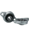 Ten Piece Zinc Alloy Pillow Block Bearing Set For Rock Solid Linear Shaft Mount No Fuss Smooth Gliding Motion Heavy Duty Insert Fits 8 10 12 mm Shafts Easily showing two zinc alloy pillow block bearings with a black inner surface.