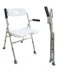 Easy Fold Shower Chair For Seniors And Disabled, Adjustable Height Bath Seat with Grab Handle, shown unfolded and folded