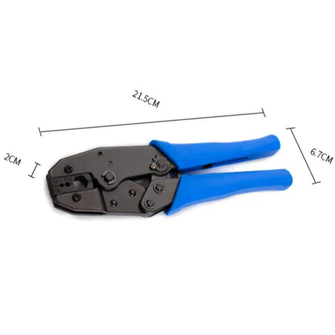 Beefed Up RF Coax Crimp Tool Kit With 0.429 Inch Hex Die, blue handles, shown with dimensions for LMR400 and all 400 cables.