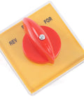 Forward Reverse 3 Phase Milling Switch Rock Solid Rotary Universal Changeover Selector in yellow and red, top view.