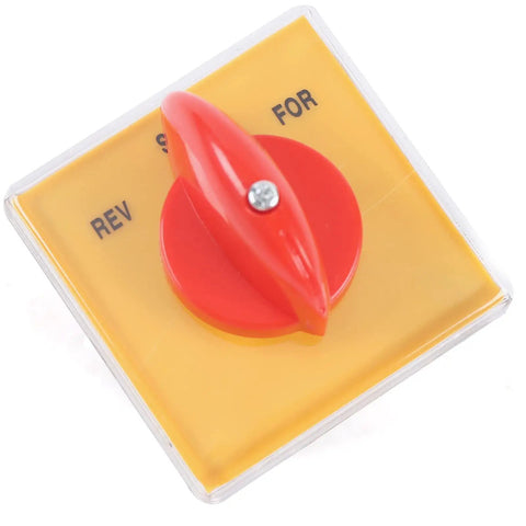 Forward Reverse 3 Phase Milling Switch Rock Solid Rotary Universal Changeover Selector in yellow and red, top view.