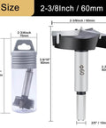 Straight Shooting Carbide Forstner Drill Bit 2-3/8 Inch Hex Shank Woodworking Hole Cutter With Tungsten Carbide Tipped Heads Built Tough For Cutting Hardwood And Plywood Like Butter Daily, showing size details and design.