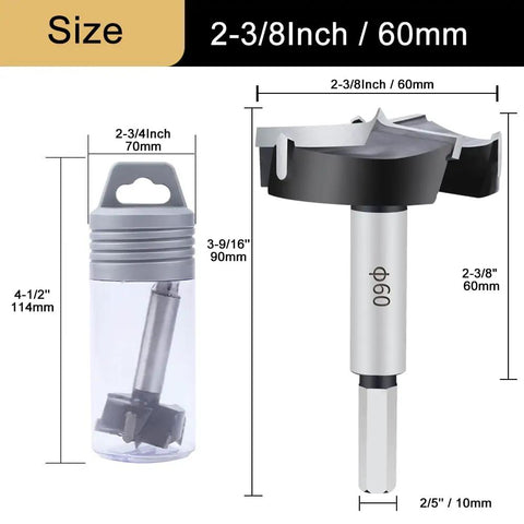 Straight Shooting Carbide Forstner Drill Bit 2-3/8 Inch Hex Shank Woodworking Hole Cutter With Tungsten Carbide Tipped Heads Built Tough For Cutting Hardwood And Plywood Like Butter Daily, showing size details and design.