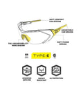 Vision Type E Safety Glasses With Fire Mirror Lens For The Jobsite, Anti Fog And Scratch Resistant, design features displayed