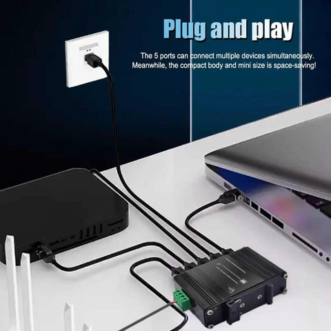 Five Port PoE Gigabit Ethernet Switch With Web Management, DIN Rail Mount connected to devices for network management.