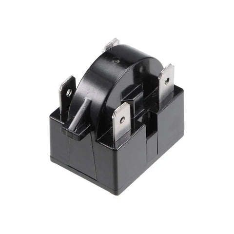 Refrigerator Start Relay 22 Ohm 4 Pin One Half HP 375W With Thermal Overload Protector, black plug-and-play module, front view