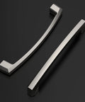 Two brushed satin nickel cabinet pulls for 5 inch hole centers, durable metal construction, ZH0032, displayed on a dark background.
