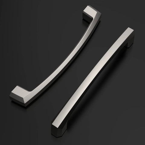 Two brushed satin nickel cabinet pulls for 5 inch hole centers, durable metal construction, ZH0032, displayed on a dark background.