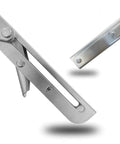 Rock Solid Heavy Duty Fold Flat Shelf Brackets No Fuss Wall Mounted Corner Brace showing stainless steel mechanism and smooth collapsing design.