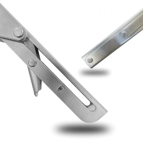 Rock Solid Heavy Duty Fold Flat Shelf Brackets No Fuss Wall Mounted Corner Brace showing stainless steel mechanism and smooth collapsing design.