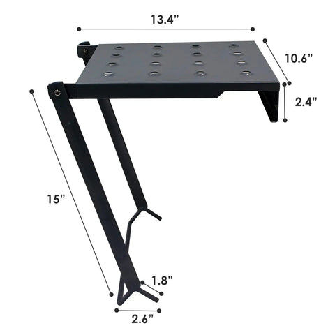 Pro Grade Heavy Duty Ladder Platform With 400 Lb Capacity Anti Slip Standing Surface And Tool Tray Rock Solid Safety Locking Wobble Free Extension Ladder Stand For Painting And Home Repairs Thick Steel Construction Black side view with dimensions