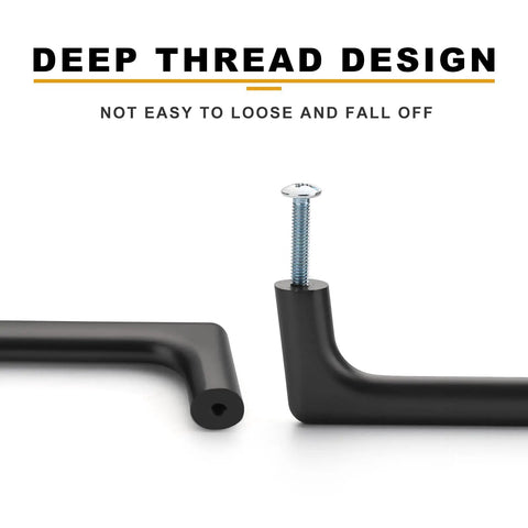 Step Up Your Game With These 10 Pack 5 Inch Matte Black Cabinet Pulls Rocking A Slick Dark Finish Perfect For Heavy Duty Drawer Handles And Cupboards Lifetime Warranty Included showing deep thread design and screw.