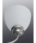 Single etched glass shade detail from Five Light Etched Glass Farmhouse Chandelier in Brushed Nickel Finish with Scroll Arms.