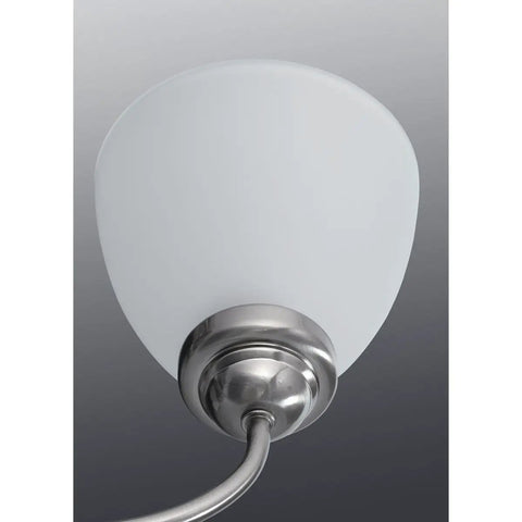 Single etched glass shade detail from Five Light Etched Glass Farmhouse Chandelier in Brushed Nickel Finish with Scroll Arms.