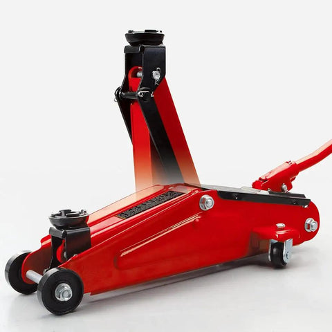 Torin Hydraulic Trolley Floor Jack 2.5 Ton Capacity With Blow Mold Carrying Case, heavy-duty steel construction shown in side view