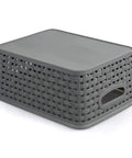 Pack Of Six Gray Plastic Storage Baskets, Durable Stackable Organizer Bins, 10.03 In By 7.59 In By 4.09 In with woven design