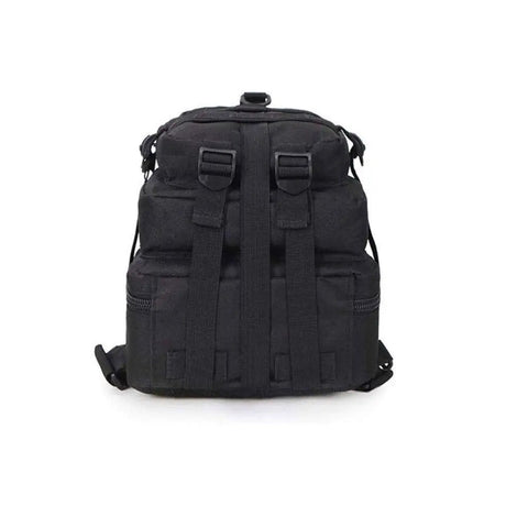 Black Outdoor Backpack For Men 40L Rucksack With Waterproof Oxford Fabric, front view with buckle detailing.