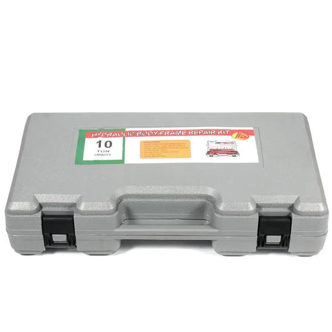 10 Ton Hydraulic Porta Power Kit With Heavy Duty Car Jack Ram For Auto Repair Shop Use, gray toolbox with handle.