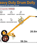 Heavy Duty Drum Cart For 55 Gallon Drums With Tilt Back Steel Construction And Nylon Wheels, 1000 lb load capacity diagram.