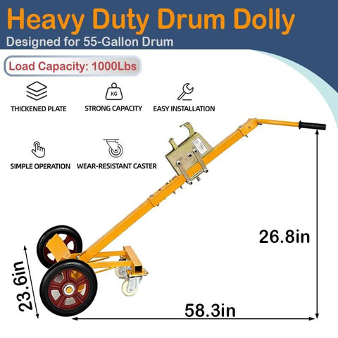 Heavy Duty Drum Cart For 55 Gallon Drums With Tilt Back Steel Construction And Nylon Wheels, 1000 lb load capacity diagram.