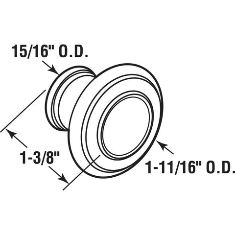 Diagram of bi-fold door knob with wide base dimensions 15/16" and 1-11/16" O.D., zinc diecast, for hollow doors, white finish.