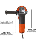 Beefy 4-1/2 Inch Angle Grinder With 6.5 Amp Motor, highlighting 3-position side handle and spindle lock for easy bit changes.