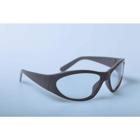 Top Shelf Co2 Laser Safety Glasses With Premium Infrared Eye Armor Covering 2700 Through 3000 Nanometer Zones delivering OD Six Plus ratings displayed angled on a light background.