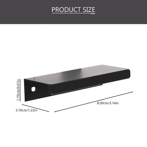 Close-up of 80mm black 4 piece slick invisible edge pull handle with right angle design for cabinets and drawers.