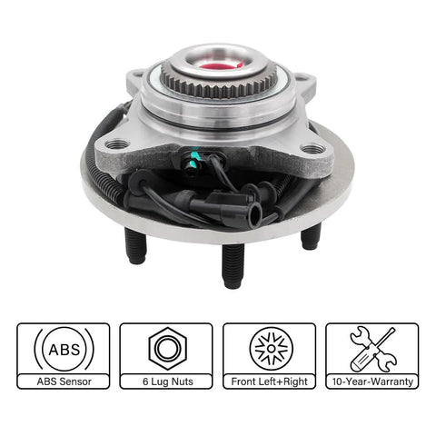Front Wheel Bearing Hub Assembly For 2004 2005 Ford F150 Four Wheel Drive 6 Lug ABS Cable Compatible With Heritage Hub Bearing 515046 7990301 BR930455 SP550212, front view showing ABS sensor and cable.