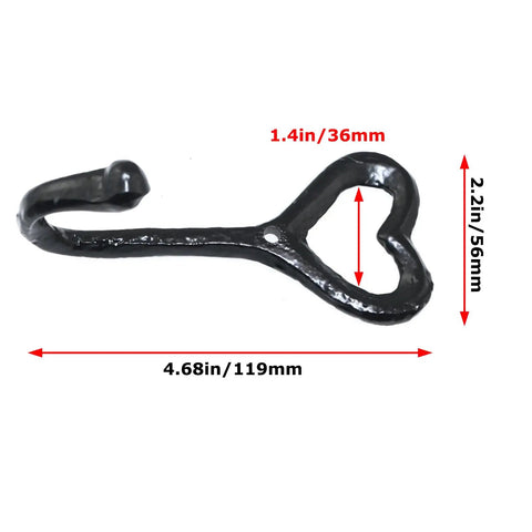 Four Pack Cast Iron Heart Wall Hooks Black Heavy Duty Hook For Keys Belts Towels showing curved design and heart shape.