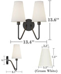 Two Light Wall Sconce Fixture In Black With Cream White Linen Lamp Shades, E12 Candelabra Base, dimensions labeled in inches.