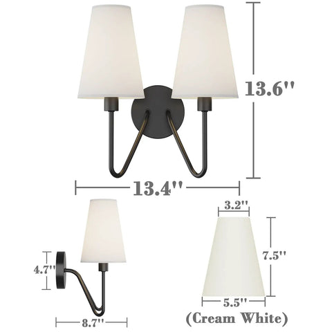 Two Light Wall Sconce Fixture In Black With Cream White Linen Lamp Shades, E12 Candelabra Base, dimensions labeled in inches.